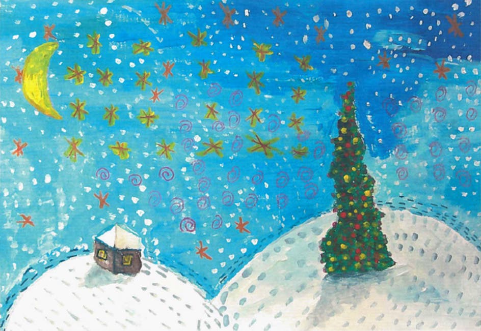 Zeichnung einer Winterlandschaft mit Weihnachtsbaum von Carol Kneuss – verschickt von Didier Burkhalter.
