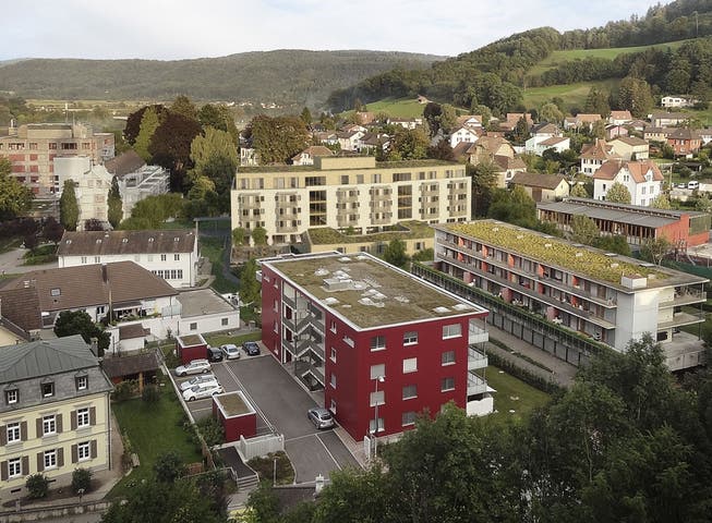 Das Alterszentrum Klostermatte (gelb, in der Bildmitte) erhält auf Stadtseite einen Anbau. Visualisierung zvg