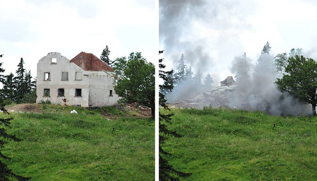 Das ehemalige Wohnhaus auf dem Bettlachstock vor und nach der Sprengung.