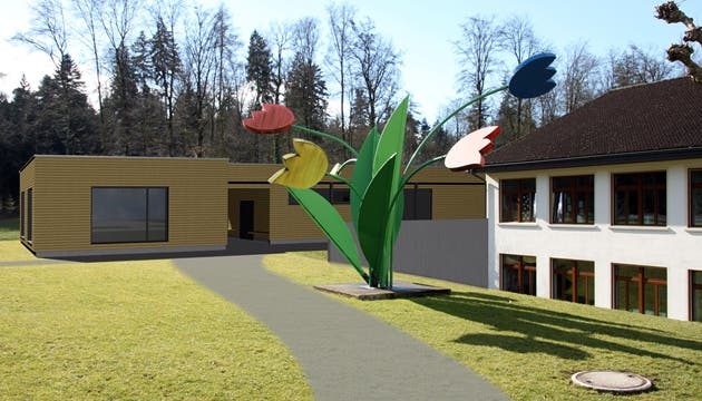 Visualisierung des nun beschlossenen Kindergartenpavillons; rechts das bestehende Brunegger Schulhaus.