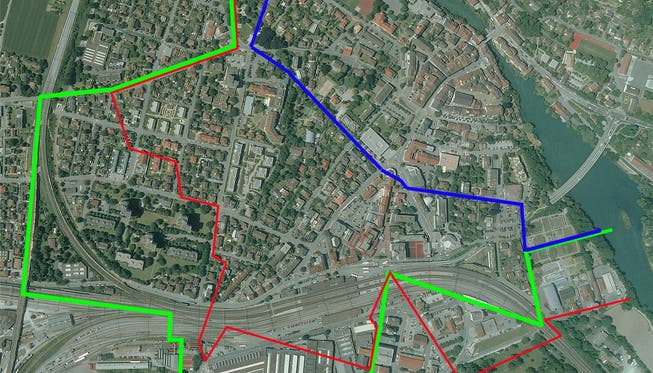 Die umstrittenen Grenzen zwischen Brugg und Windisch. Blau ist das «Burgerziel», die eigentliche Stadtgrenze, rot die «Ehefäde» und grün die Grenze nach dem Landhandel vom 30. Dezember 1863. ZVG