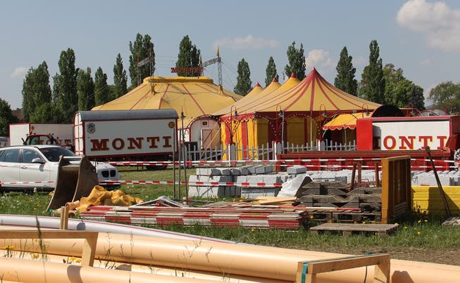 Der Circus Monti richtet sich am Donnerstag auf der Amphiwiese ein.CM