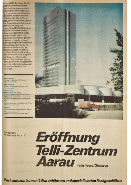 Die Frontseite der Baubeilage im «Aargauer Tagblatt» vom 23. Oktober 1973.
