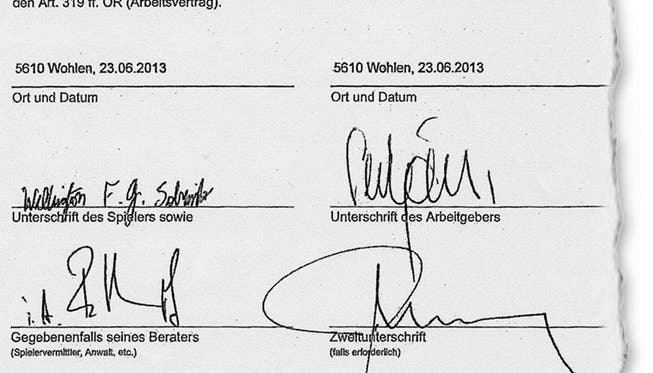 Das Exemplar des Vertrags zwischen dem FC Wohlen und dem SpielerWellington, auf dem VR-Präsident René Meier unterschrieben hat (rechts unten).