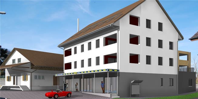 Visualisierung der aktuellen Ansicht des neuen Gebäudes, welches die Landi Oberes Fricktal am Dorfplatz in Wittnau realisieren wird. pd