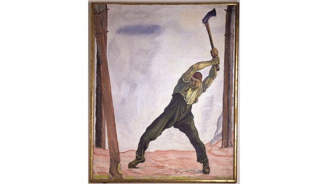 Ferdinand Hodler schuf den Holzfäller 1908 für die 50er-Note. Das Motiv gefiel und so malte er mehrere Fassungen. Diese von 1910 gehört dem Bund. sie hängt im Kunstmuseum Bern - oder in Büros von Bundesräten.