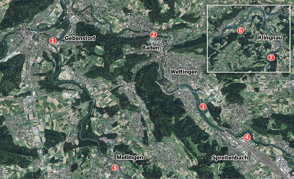 Flussbadis in der Region 1 Gebenstorf. – 2 Baden. – 3 Wettingen. – 4 Spreitenbach. – 5 Mellingen. – 6 Leibstadt. – 7 Böttstein.