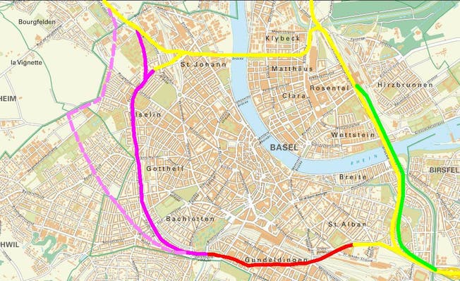 Ein Ring um Basel mit bestehender Autobahn (gelb), Bypass Ost (grün), Gundeli-Tunnel (rot), West-Tunnel (lila) oder Stadttangente (rosa).