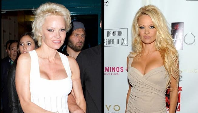 Pamela Anderson links am 16. April und am Oktober 2012. Links ist ihr blasses Tattoo auf dem linken Oberarm noch zu erkennen.