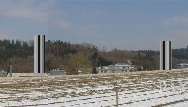 Visualisierung zweier Hochhäuser (55 Meter hoch) im Gebiet Esp in Dättwil: Die Silhouette des Baregg-Hügelzuges wird beeinträchtigt.