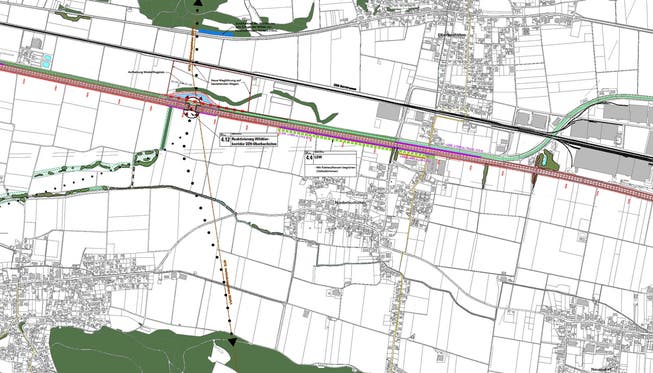 Die Grafik zeigt die vorgesehene Umlegung der Dünnern (blau) um den geplanten Wildtierkorridor über die Autobahn A1 zwischen Oensingen und Oberbuchsiten. Die schwarzen Punkte markieren die Wanderrouten des Wildes. zvg
