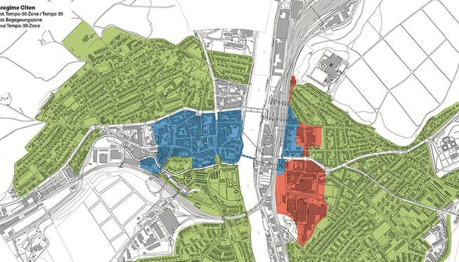 Grün markiert sind bestehende Zonen für Tempo 30, rot gefärbt sind jene, die neu hinzugekommen sind, Blau markiert schliesslich ist die Begegnungszone.zvg