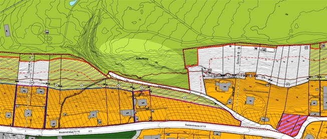 Die Gebiete am Bruggerberg (weisse Parzellenflächen) werden der Naturschutzzone zugewiesen. Reproduziert mit Bewilligung von swisstopo (JM100001)