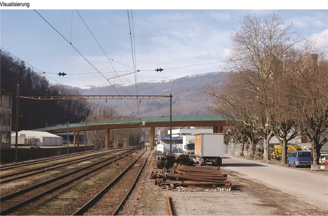 Der Viadukt über Parkplatz, Geleise und Dünnern wird so schlank wie möglich in Stahl und Beton konstruiert.
