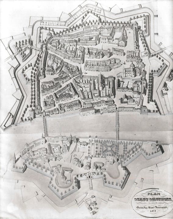 Auf allen Seiten geschützt Die Federzeichnung von Johann Babtist Altermatt von 1833 zeigt die Bastion der Stadt Solothurn. Auf allen Seiten schützten Mauern, Gräben und Tore die Stadtbewohner.