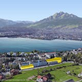 Die Hirslanden Klinik St. Anna in Luzern. Gelb eingezeichnet sind die neuen Gebäude, die in den kommenden sieben Jahren entstehen sollen: links der Erweiterungsbau G, rechts der Neubau Trakt A+. (Visualisierung: Copyright Google Earth)