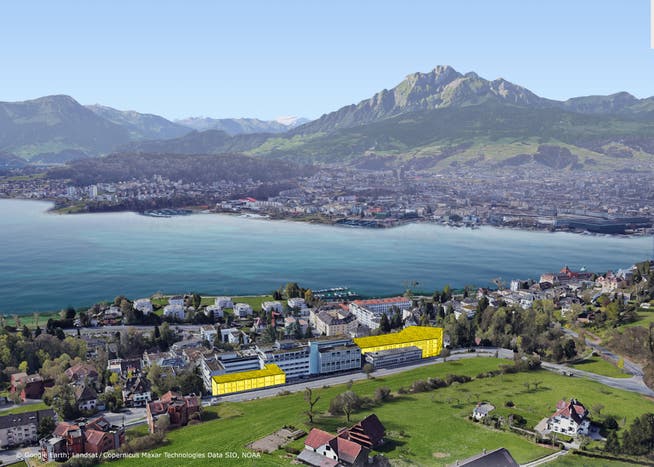 Die Hirslanden Klinik St. Anna in Luzern. Gelb eingezeichnet sind die neuen Gebäude, die in den kommenden sieben Jahren entstehen sollen: links der Erweiterungsbau G, rechts der Neubau Trakt A+.