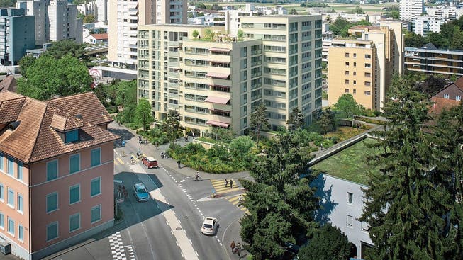 Der mehrstöckige Gebäudekomplex ist gegenüber dem lachsfarbenen Schulhaus Bachmatt geplant.