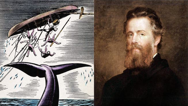 Illustration aus der Novelle «Moby Dick» von Herman Melville (links). Herman Melville um 1870, gemalt von Joseph Eaton (rechts).