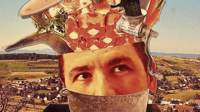 Collage von, mit und über Simon Morgenthaler mit Einblick in seinen Kopf, nebst Offen­legung seines Rüstzeugs und seiner Ingredienzien.
