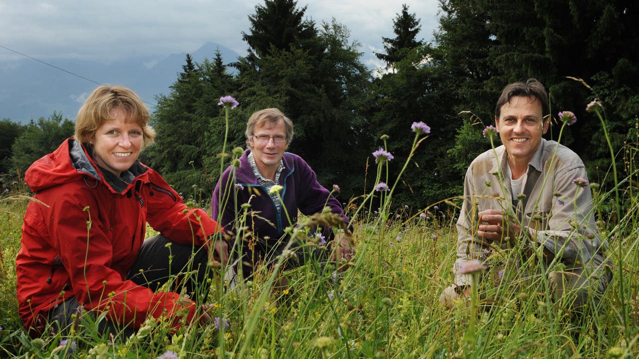 Juni 2009: Guyer als Projektleiterin Natur Rigi. (Im Bild: Bauer Franz Arnold (Mitte) und Biologe Heinz Bolzern)