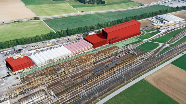 So soll das Bahntechnikcenter dereinst aussehen: In Rot die Neubauten Büro- und Kantinengebäude (links) sowie der Zwischenbau und das Hochregallager (rechts).