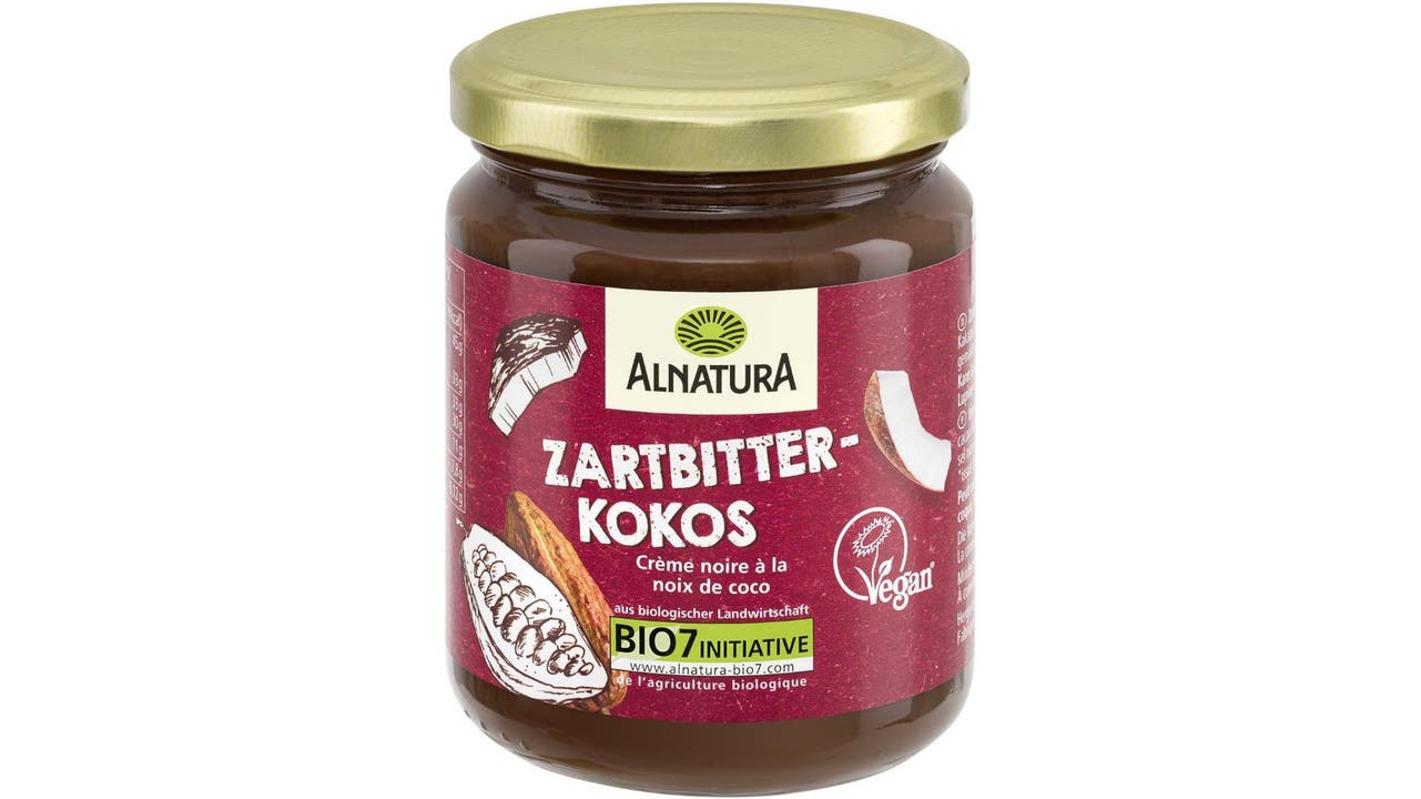 Zartbitter-Kokos Alnatura «Ein exotisches Nutella mit deutlichem Kakao- und Kokos-Geschmack. Die einen loben’s, andere finden’s nicht harmonisch.» 2447 kJ, 30 g Zucker, 36% Kokosnuss, 18% Kakaopulver, Palmfett (2 Fr.)