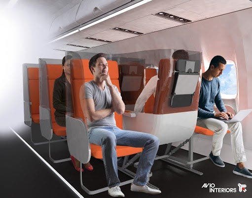 Plexiglas-Scheiben und neue Sitzorientierung für eine bessere Hygiene an Bord? So stellt sich die italienische Firma Aviointeriors die Zukunft der Flugkabine vor.
