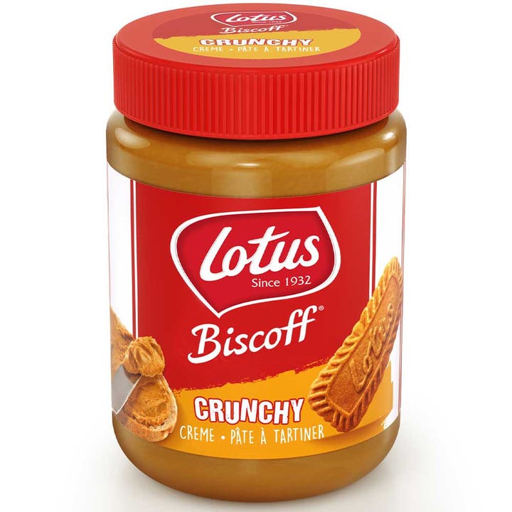 Karamell-Creme Crunchy Lotus «Schmeckt wie flüssige Guetzli – was es ja auch ist. Aber Guetzli aufs Brot, so sehr wir Lotus mögen, das ist zu viel.» 2383 kJ, 36 g Zucker, Palmöl und Rapsöl, 65% Gebäck (1.05 Fr./100 g)