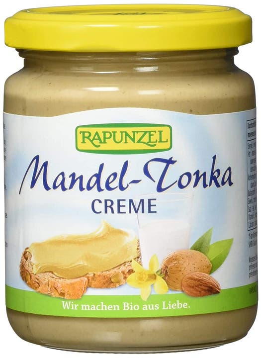 Mandel-Tonka-Creme Rapunzel «Zu krass süss, schmeckt wenig nach Mandeln, aber wie der Inhalt einer Raffaello-Ferrero-Kugel auf dem Brot.» 2575 kJ, 28 g Zucker, 22% Mandeln, Sonnenblumenöl, Palmöl, (3 Fr.)