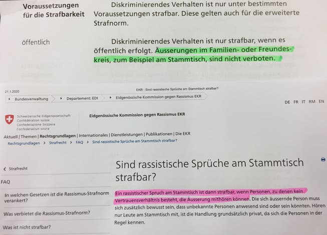 Widersprüchliche Angaben zum Stammtisch: Im Abstimmungsbüchlein (in grün) steht nicht dasselbe wie auf der Homepage der Eidgenössischen Kommission gegen Rassismus (in rot).