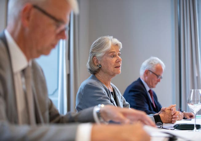 Verwaltungsratspräsidentin Verena Diener, flankiert von CEO Martin Häusermann (links) und Verwaltungsrat Alois Müller.