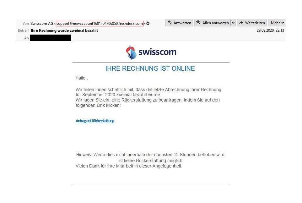 Der Name des Telekom-Anbieters Swisscom wird missbraucht für eine Phishing-Kampagne: Man habe eine Rechnung zwei Mal bezahlt und nun Anrecht auf Rückerstattung. Auffällig ist, wie die Kantonspolizei Zürich schreibt: Die Absender-Emailadresse hat nichts mit der Swisscom zu tun