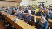 Mit Sonnenblumen in den Ständratswahlkampf: Mitgliederversammlung der Grünen des Kantons am Dienstagabend im Stadtparlamentssaal im St.Galler Waaghaus. (Bild: PD)
