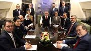 Der türkische Präsident Recep Tayyip Erdogan (Mitte) an Bord seines Flugzeugs. Symbolbild. (Bild: KEYSTONE/AP Pool Turkish Presidency)