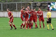 Da war die Bütschwiler Welt noch in Ordnung. Die Spieler bejubeln das 1:0 von Silvan Oberholzer, dritter von rechts. (Bild: Beat Lanzendorfer)