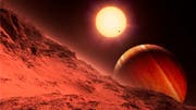 Diese Darstellung zeigt im Hintergrund die Sonne 51 Pegasi, bei welcher die Forscher den ersten Planeten ausserhalb des Sonnensystems entdeckt haben. Das Gebirge im Vordergrund gehört zu einem Mond. (Bild: KEYSTONE)