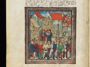 Der Weinmarkt mit Brunnen in der «Luzerner Chronik» von 1513.