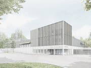 Die Sicht auf den ebenerdigen Haupteingang des neuen Hallenbads mit Blick von Osten her. (Bild: Architekten Koller, Kintat, Bienert/PD)