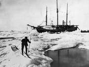 Ein Mann der Crew auf Ski vor Nansons Schiff, das mit dem Packeis durch das Nordpolarmer driftet. Alamy Stock Photo
