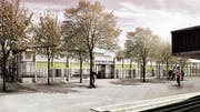So stellen sich die Architekten den eingeschossigen Neubau im «Letten» vor. Die seit mehreren Jahren nicht mehr genutzte Turnhalle an dieser Stelle wird abgebrochen. (Bild: PD/Moos Giuliani Herrmann Architekten)
