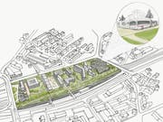 So stellt sich Wirtschaft Region St.Gallen die Zukunft der Gleisanlagen des Bahnhofs St.Fiden zwischen Splügen- und Spinnereibrücke vor - überdeckt und unter anderem mit einem VBSG-Depot überbaut. (Illustration: WISG - 16. Januar 2019)