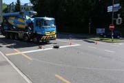 Die Unfallstelle auf der Splügen-Brücke am Montagnachmittag. (Bild: Stadtpolizei St.Gallen)