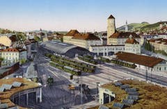 Blick vom «Neuhof» an der St.-Leonhard-Strasse über die Lokremise aufs Areal des «neuen» St.Galler Hauptbahnhofs. Das Ensemble aus Empfangsgebäude, Hauptpost und Gaiserbahnhof entstand von 1911 bis 1915. (Bild: Sammlung Reto Voneschen)