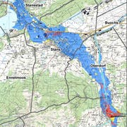Die Grafik veranschaulicht, wie bei einem Hochwasser eine Überflutung des Stanser Talbodens bis nach Stansstad droht. In der blauen Zone ist Bauen nur mit Auflagen möglich, in den roten Flächen gilt ein Bauverbot. Für Liegenschaften im gelben Gebiet werden Objektschutzmassnahmen empfohlen. (Bild: PD)