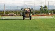 Markus Heussi fährt mit seinem Traktor über den Fussballplatz Maienägger in Berg und versprüht das Netzmittel. (Bild: PD)