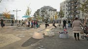 In einem «Café des Visions» in Aspern (Wien) notieren Passanten ihre Wünsche zur Stadtwicklung auf den Asphalt. (Bild: PD/Anna Graber)