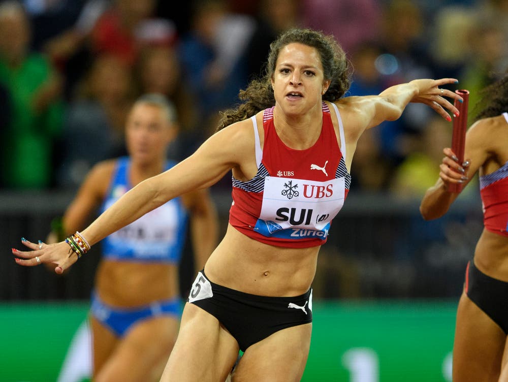 4x400m (Fanette Humair, 27, Boécourt (im Bild) / Yasmin Giger, 19, Romanshorn / Rachel Pellaud, 24, Biel / Giulia Senn, 17, Bellikon / Léa Sprunger, 29, Lausanne / Veronica Vancardo, 19, Granges) (KEYSTONE/Ennio Leanza)