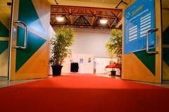 Ein roter Teppich führt in den Arboner Seeparksaal - und damit in den Backstage-Bereich. (Bilder: Donato Caspari)