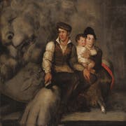 In Arbeitskluft: «Der Bildhauer und seine Familie, samt seinem von ihm verfertigten kollossalischen Löwen», 1821. (Bildausschnitt: Josef Reinhard/Kunstmuseum Luzern)